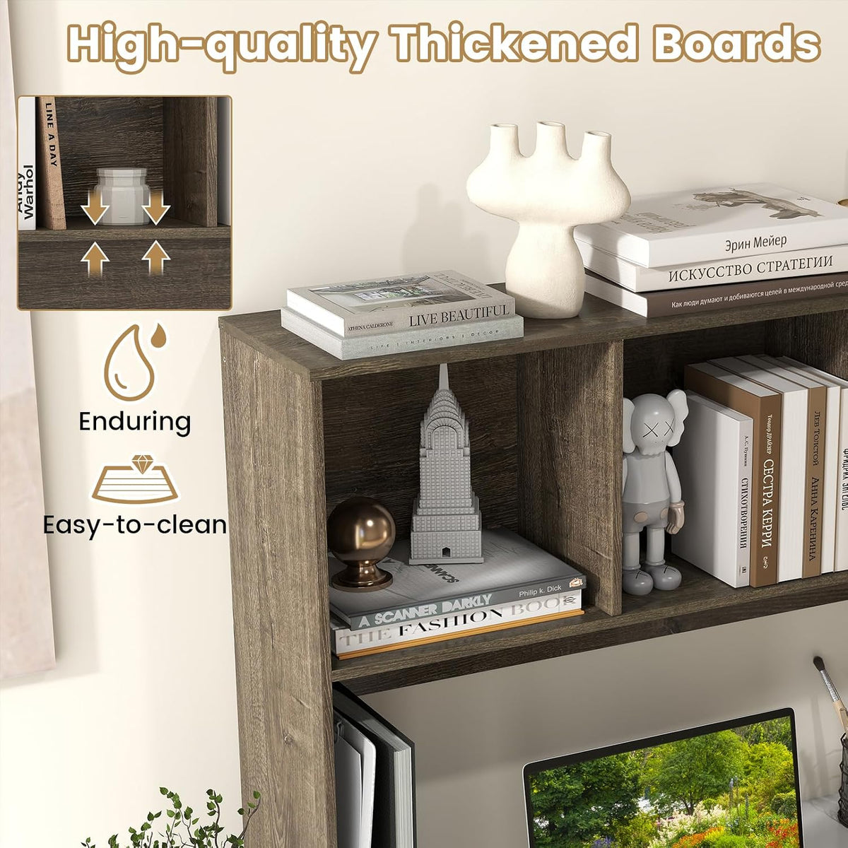 LDAILY Desktop Bookshelf, 2-Tier Office Desk Shelf Organizer with 4 Shelves, 37’’L Wood Storage Rack Display Shelf for Computer Desk, Office, Dorm, Bedroom (Grey)