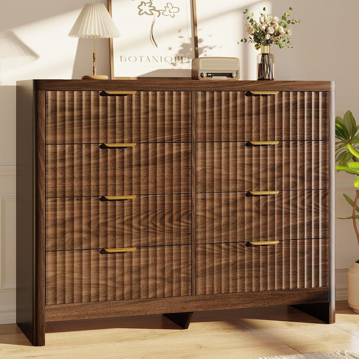 Fluted 8 Drawer Dresser for Bedroom, 47" Wide Modern Chest of Drawers with Metal Handle & Storage, Wooden Dresser TV Stand, Closet Clothes Storage Organizer for Living Room, Walnut Brown Dresser