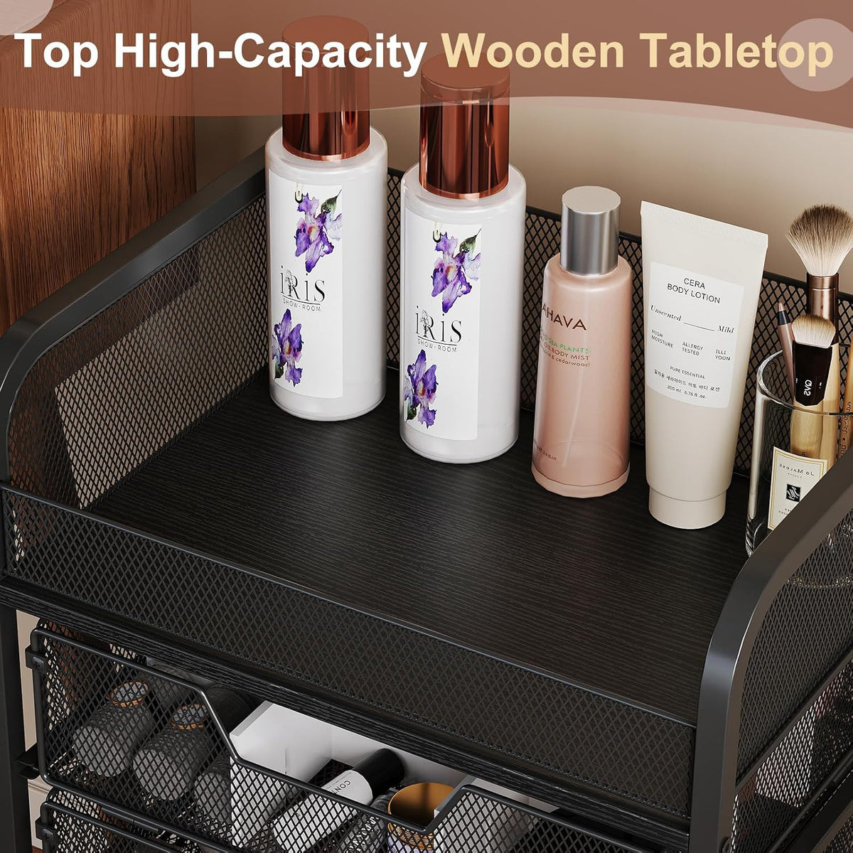Hongtamoya Makeup Cart Organizer with 4 Drawers, Vanity Storage Organizer, Large Floor Skincare Organizers Cosmetics Display Cases for Skin Care Perfume Nail Polish, Black