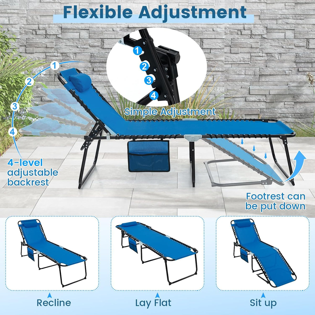 S AFSTAR Outdoor Lounge Chair, Folding Patio Chaise Lounge with 4-Positions Backrest, Side Pocket & 2-Position Footrest, Portable Sunbathing Beach Chair Outside for Beach Patio Deck (1, Navy)