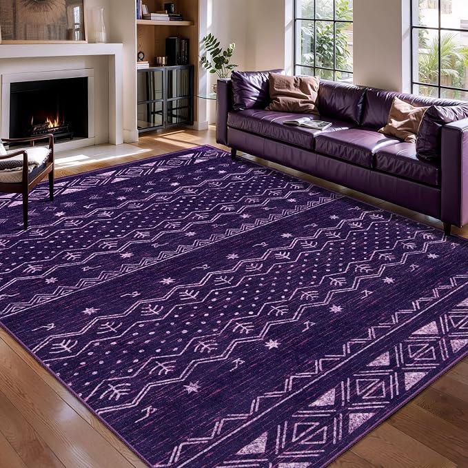 SERISSA 5x7 Area Rugs for Living Room, Washable Non-Slip Purple and White Boho