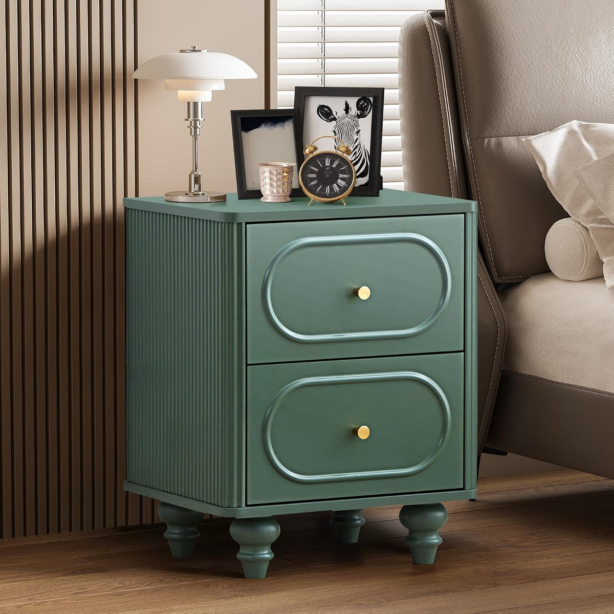 ORRD 2 Drawer Fluted Mini Small Dresser for Bedroom Set of 2, Mid Century Modern Nightstand Bedside End Table, Wood Storage Dresser Organizer for Bedroom, Green