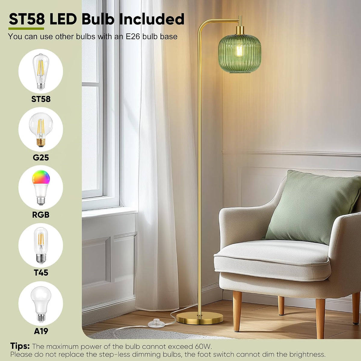 Modern Green Glass Floor Lamp for Living Room, Standing Lamp for Bedroom