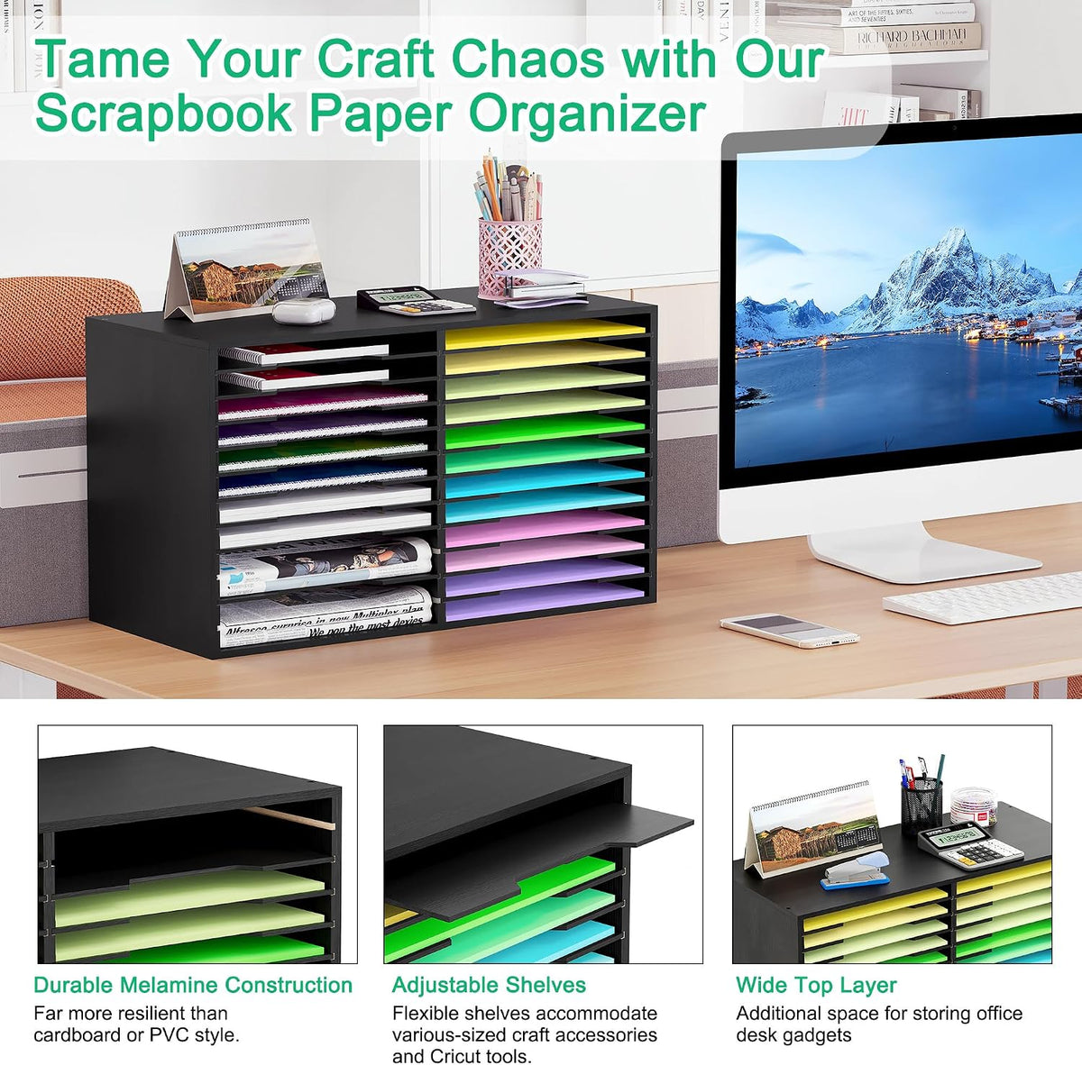 EasyPAG Scrapbook Paper Storage Organizer for Craft Room, 12x12 Paper Storage Desk Shelf, 24 Slot Adjustable File Sorter for Office School Classroom, Black