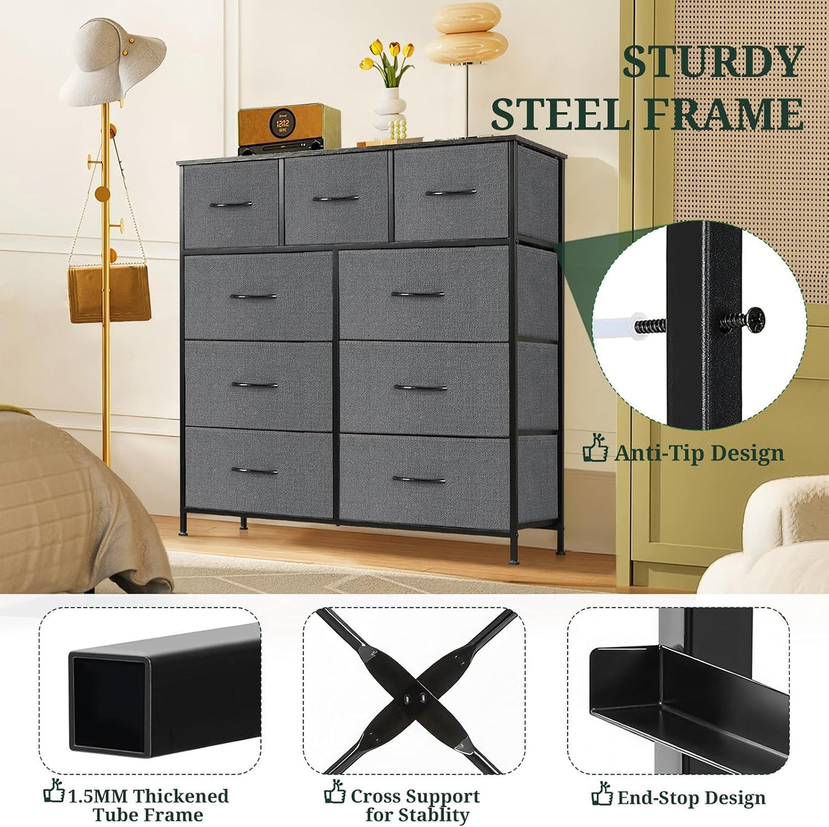 9-Drawer Dresser for Bedroom, Anti-Tip Tall Storage Organizer