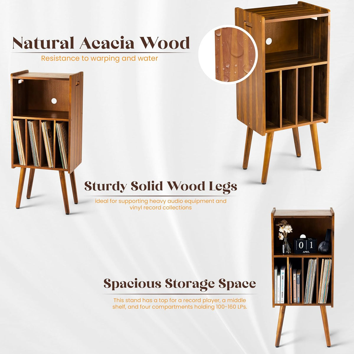 Wooden LP Record Player Stand, 3-Tier Turntable Stand Cabinet Holds up to 100 Albums, Metal Record Storage Holder and Organizer Table, Mid-Century Modern Record Player Holder for Living Room & Bedroom