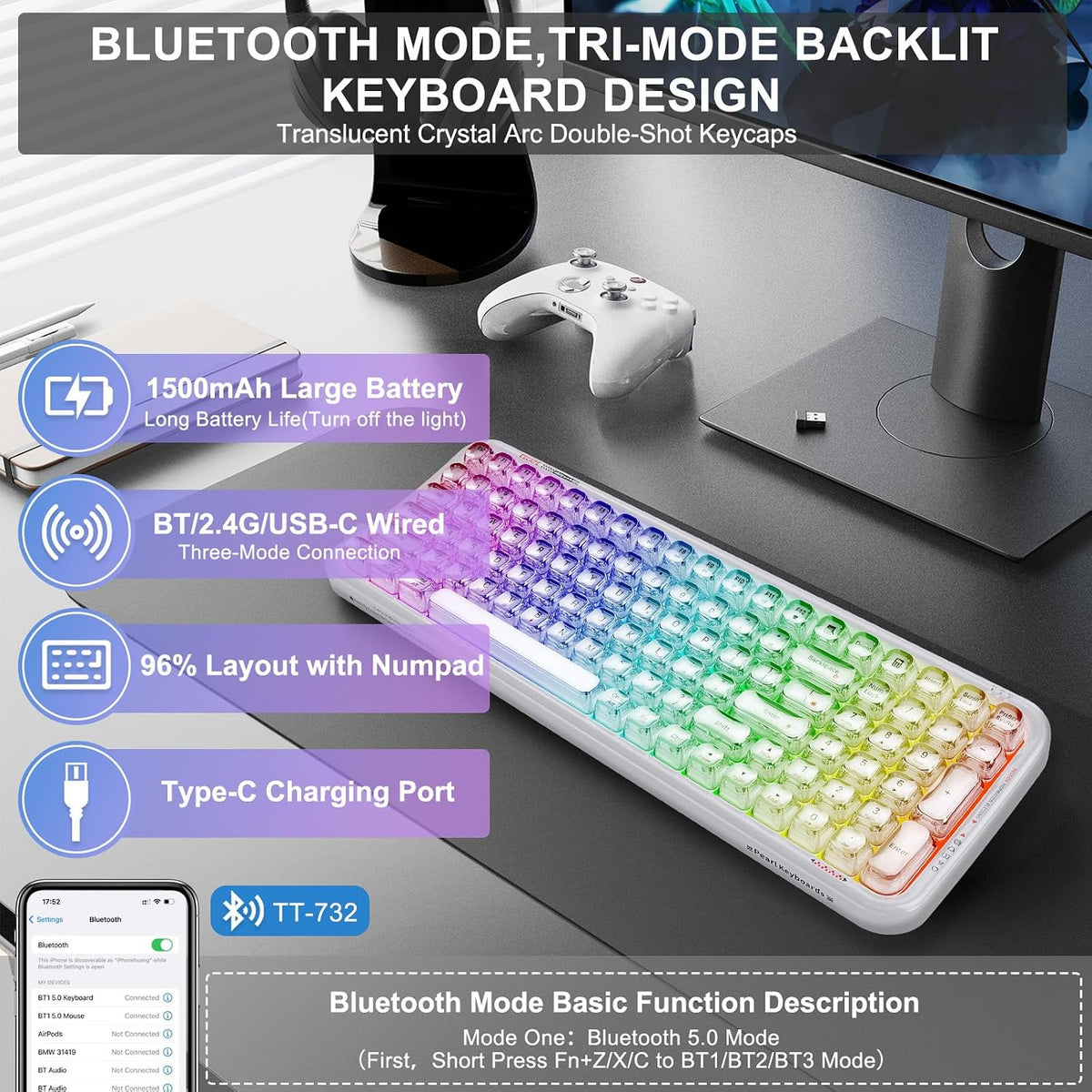 FOPETT Wireless Computer Keyboard with RGB Backlit, Tri-Mode Bluetooth 5.0/USB-C/2.4GHz Ergonomic Gaming Keyboard - Full-Size Rechargeable Transparent Keycap for Laptop/Windows/PC - White