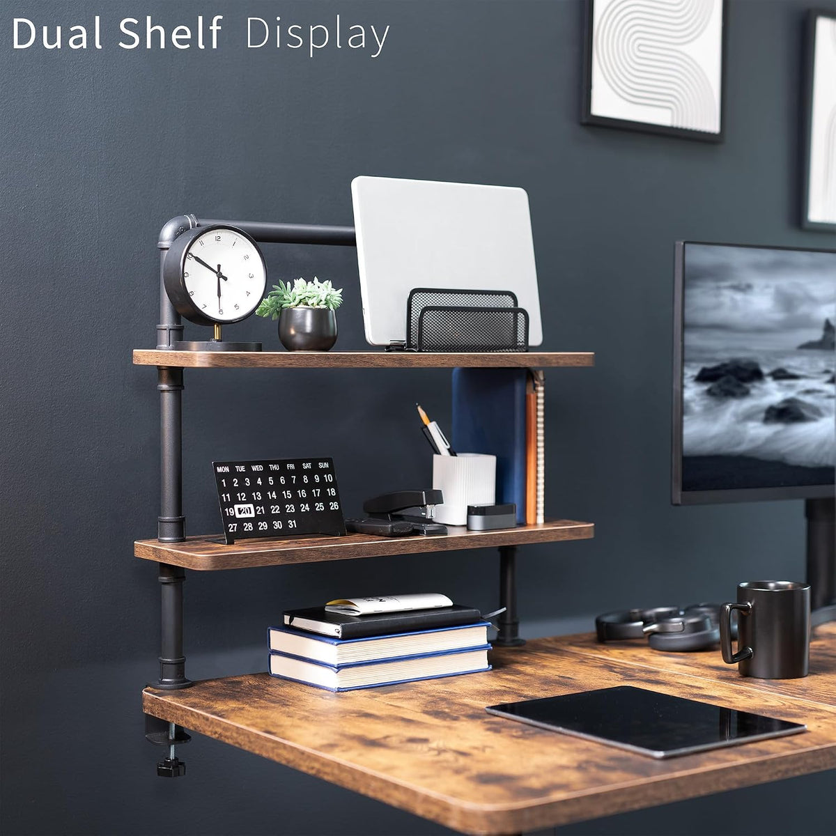 VIVO Vintage Brown Clamp-on 24" Industrial Pipe Desk Shelf, DESK-SHELF24-2N