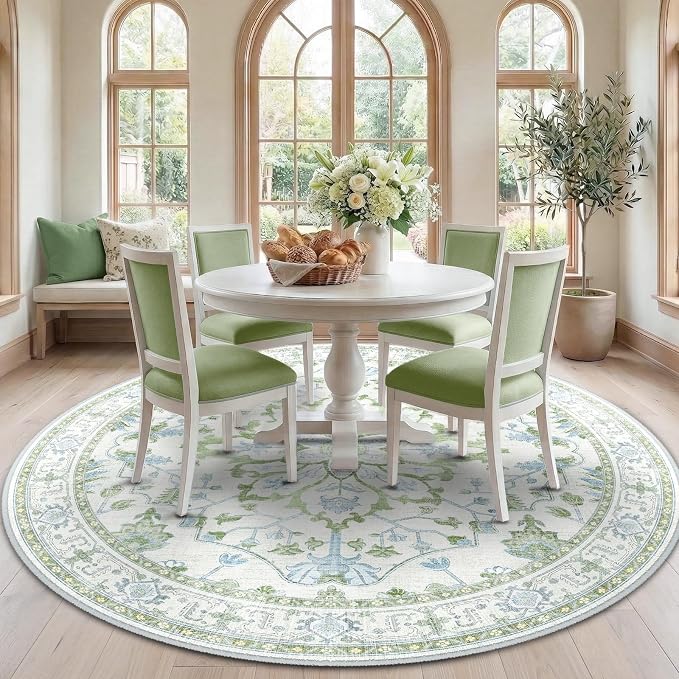 RELEANY Area Rugs Round 7ft Washable Non-Slip, Floral Vintage Distress