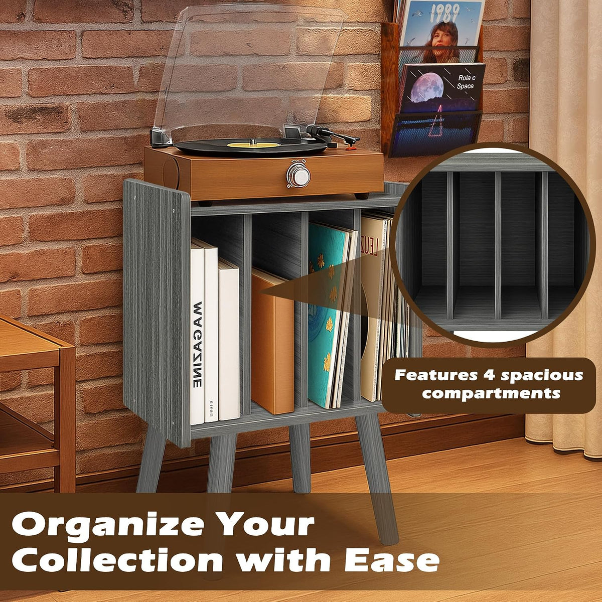 Record Player Stand, Vinyl Record Storage Table with 4 Cabinet, Mid Century Modern Turntable Stand, Organizer Vinyl Table for Bedroom Living Room, Eucalyptus