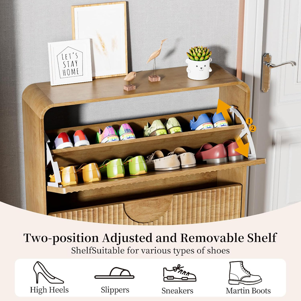 Narrow Shoe Cabinet for Entryway, Fluted Entry Way Shoe Storage Cabinet with 2 Flip Drawers Doors, Slim Hidden Shoe Rack Organizer for Entrance, Foyer, Hallway, Wood, 2 Tier