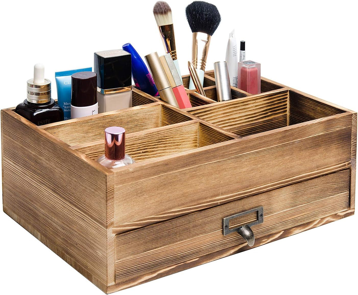 Rustic Wooden Organizer Cosmetic Storage Cabinet Makeup Display Box Office Supplies Desktop Vanity Drawers Multiple Compartments Brown Tabletop Caddy Accessary Sorter Brush Holder Home