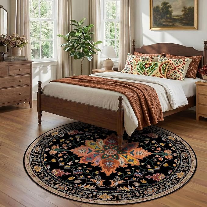 RELEANY Area Rugs Round 7ft Washable Non-Slip, Floral Vintage Distress