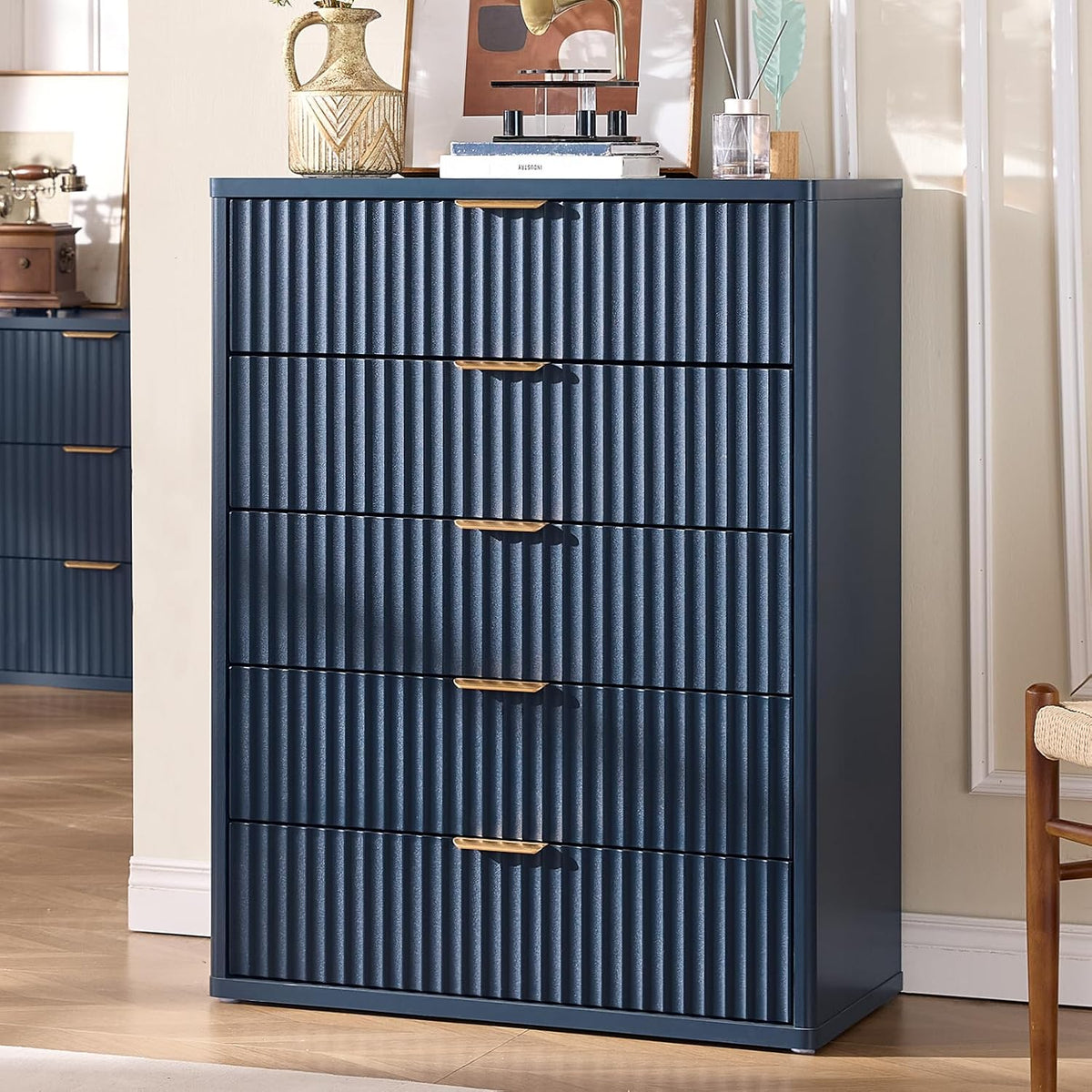 LEYAOYAO Fluted 5 Drawers Dresser Set of 2, 41" Tall Modern Chest of Drawers with Metal Handle, Curved Profile Dresser TV Stand, Wooden Drawer Organizer for Bedroom, Living Room, Hallway, Navy Blue