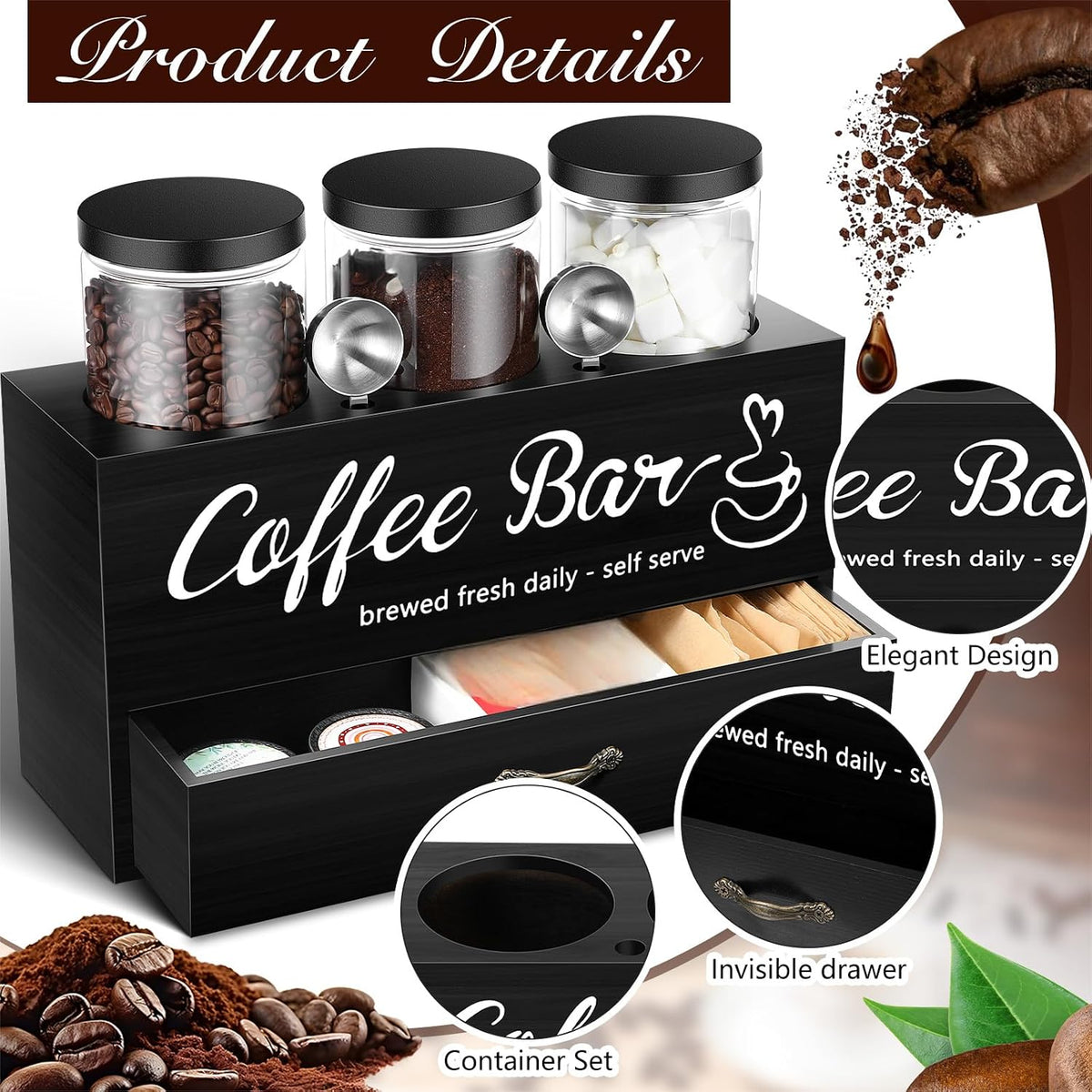 3 Pcs Coffee Bar Decor, Coffee Container Set with Scoop, Shelf