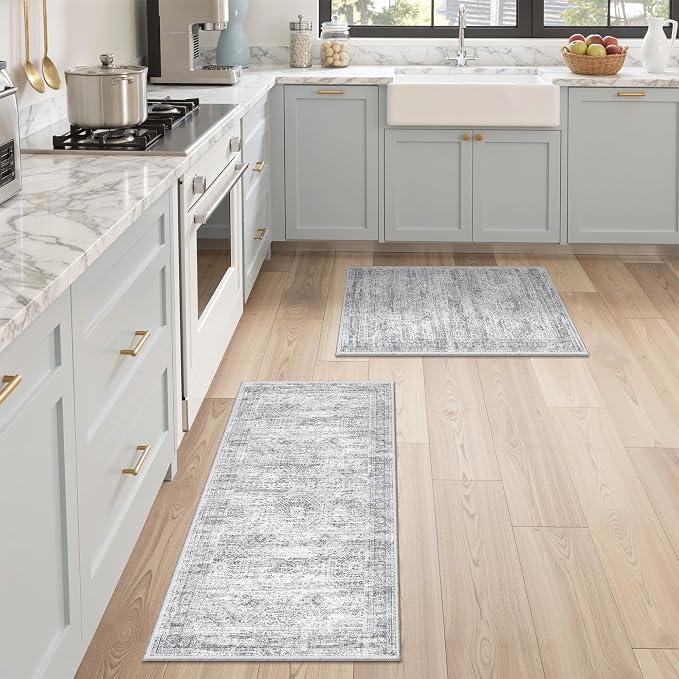 Washable Kitchen Rugs Sets of 2 Piece, Hallway Runner Rug Non-Slip