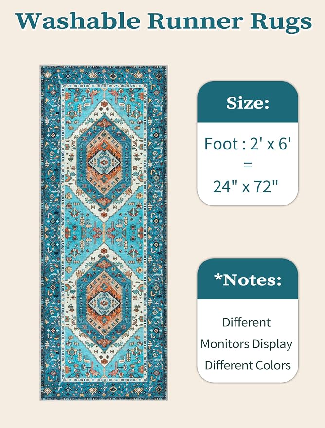 SERISSA Boho Washable Runner Rug, 2x6 Rug Runner Non-Slip Vintage Blue Hallway