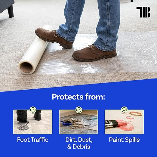 TapeManBlue Carpet Protection Film, 24 inch x 500 feet, Made in The USA, Strong and Durable Plastic Carpet Protector with Easy Unwind and Clean Removal, Clear Self-Adhesive Surface Protective Film