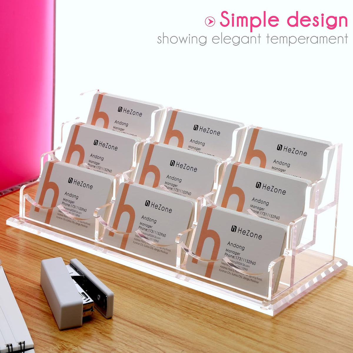 HeZone Business Card Holder for Desk, Multiple Cards Display Stand Rack for Women and Men, Clear Acrylic Card Organizer 9 Slot 3 Tiers