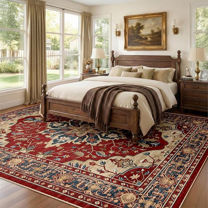 RELEANY Area Rugs Large 9'x12' Washable Non-Slip, Floral Vintage Distress