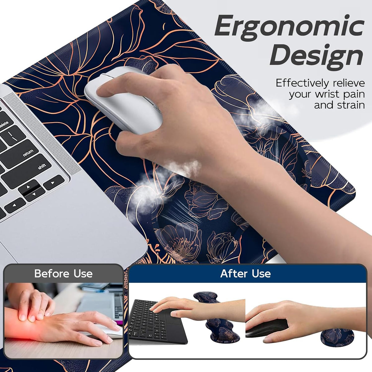 Gaming Mouse Pad Set, Swirl red Roses Large Desk Mat Mousepad, Keyboard Wrist Support, Mouse Wrist Rest, Coaster 4in1 Ergonomic Memory Foam, Non-Slip Stitched Edge for Home Office