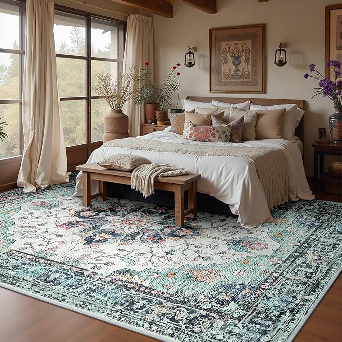 RELEANY Area Rugs Large 10'x14' Washable Non-Slip, Floral Vintage Distress