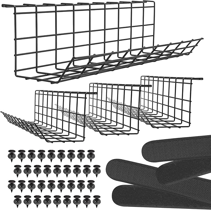 Under Desk Cable Tray, Cord Organizer for Wire, Cord Management, Under Desk, Wire Holders - Black Tray - Set of 4X 17