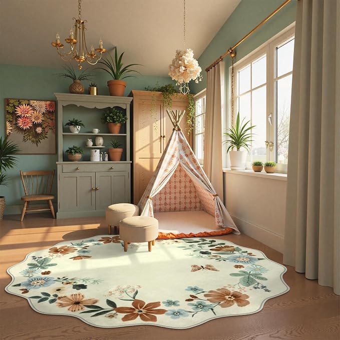 Lahome Floral Washable Round Area Rug, Soft Round Rugs 6ft Ultra-Thin Non-Slip