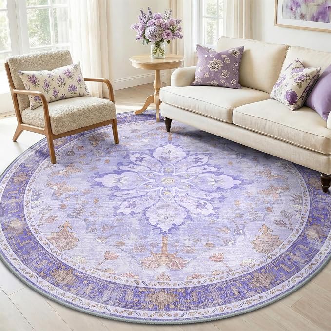 RELEANY Area Rugs Round 6ft Washable Non-Slip, Floral Vintage Distress