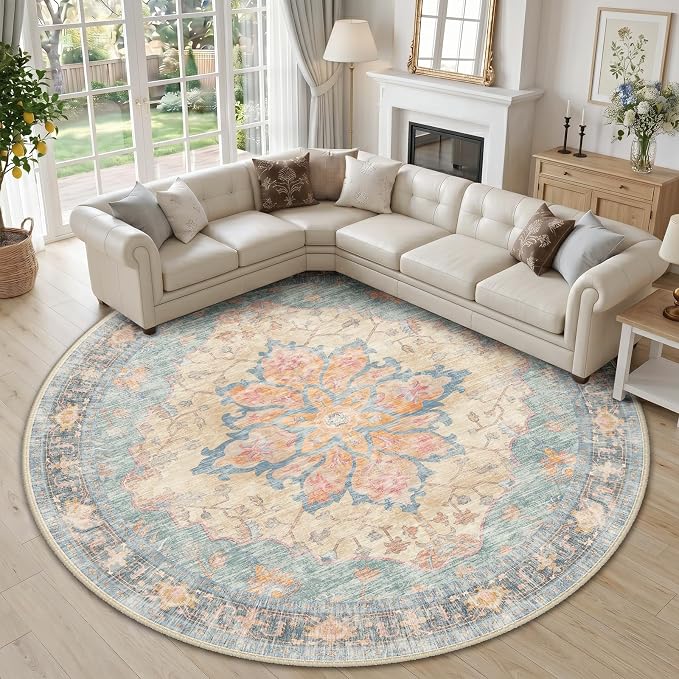 RELEANY Area Rugs Round 10ft Washable Non-Slip, Floral Vintage Distress