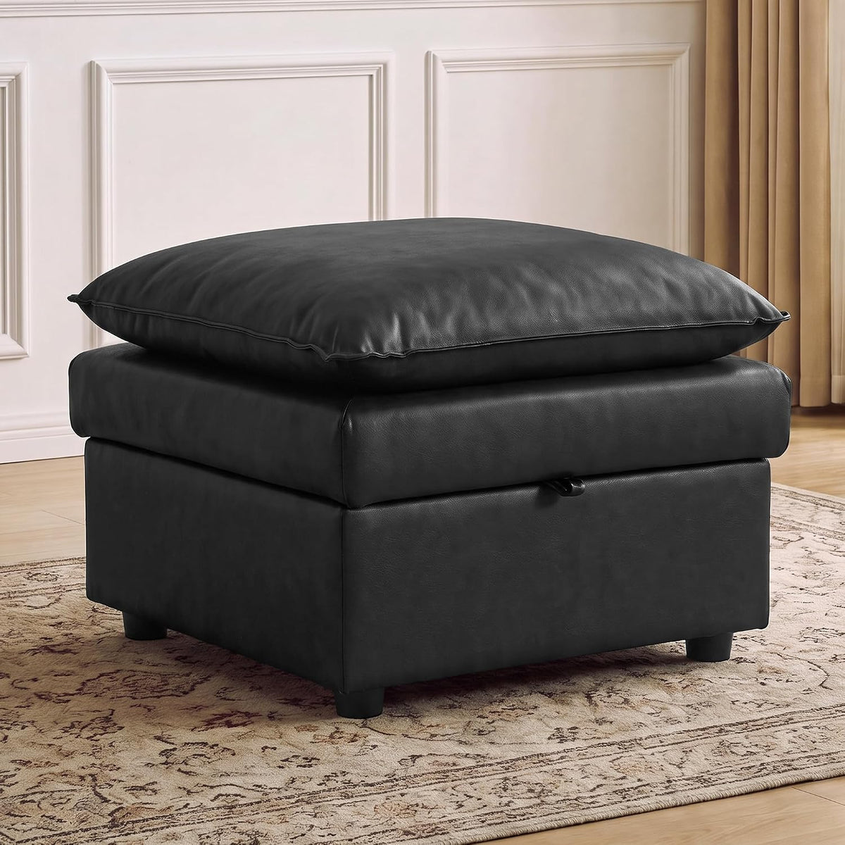 27" Black Faux Leather Storage Ottoman, Large Square Footrest for Couch