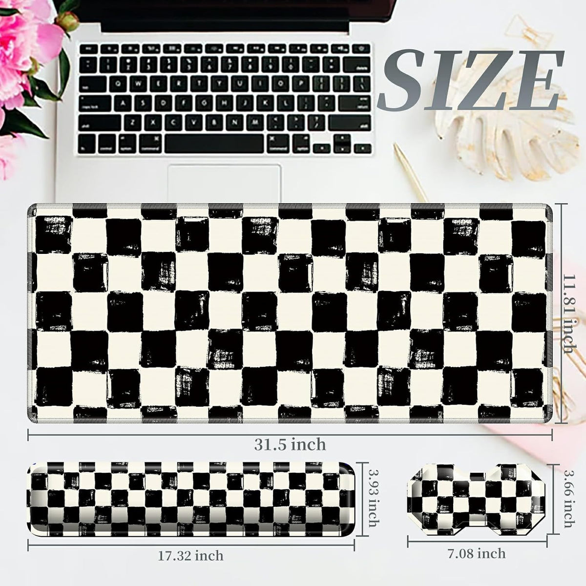3Pcs Mouse Pad Set, Black White Checkerboard Large Gaming Mouse Pad with Stitched Edge, Ergonomic Memory Foam Keyboard Wrist Support and Mouse Wrist Rest Cushion, Pain Relief Non-Slip Desk Pad Combo