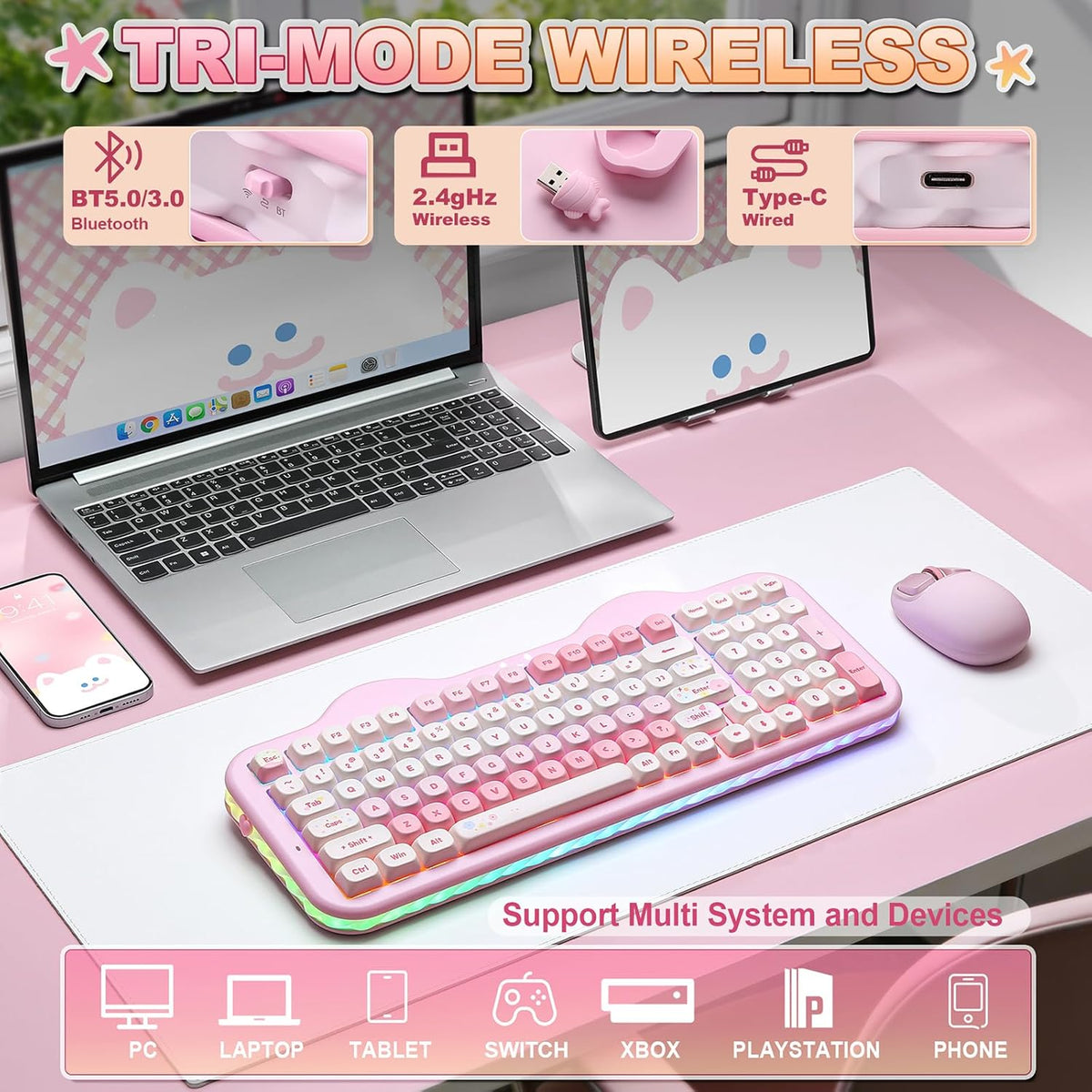 YUNZII C98 Cute Cake Wireless Mechanical Keyboard (Pink, Milk Switch)