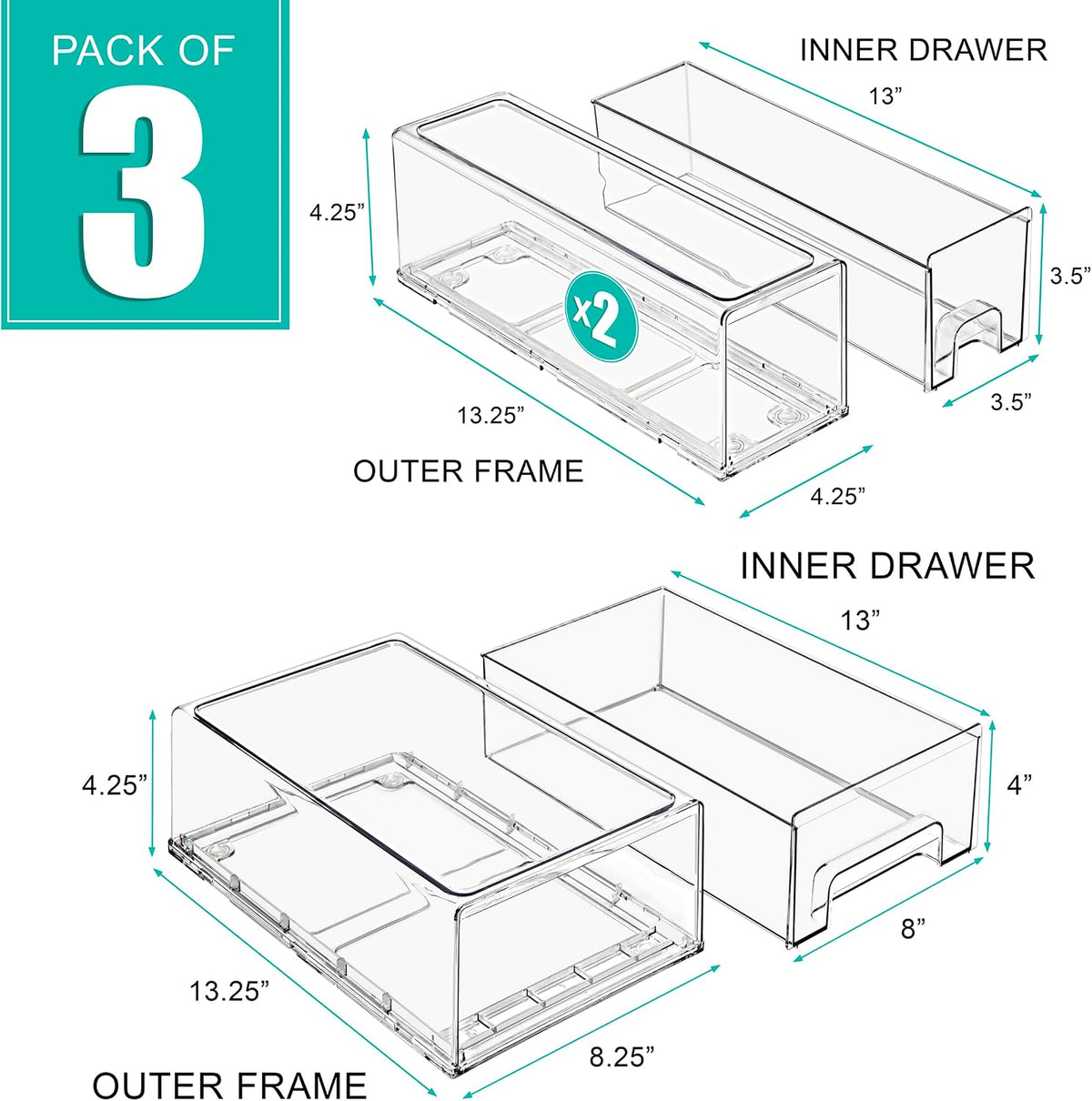 Sorbus Clear Stackable Storage Drawers with Handles (1 Medium + 2 Small)