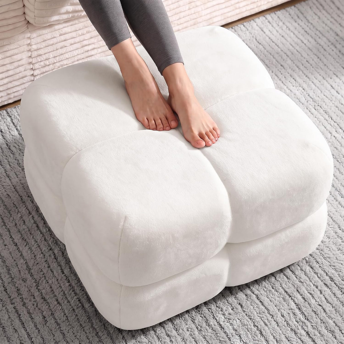 Bubble Chenille Ottoman, Foot Rest Stool for Couch, Beige