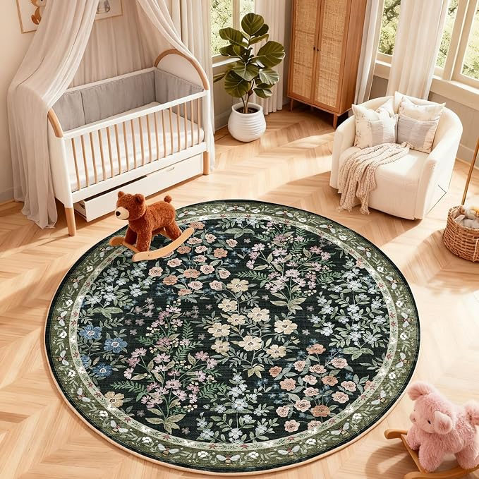 Washable Round Rugs for Bedroom 4ft: Living Room Rug Stain Resistant Non Slip