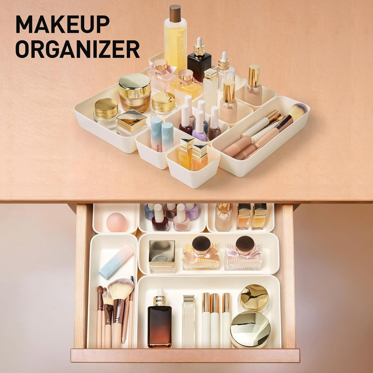 ISSEVE 8Pcs Silicone Bathroom Drawer Organizer Trays Set, 4 Sizes, Beige