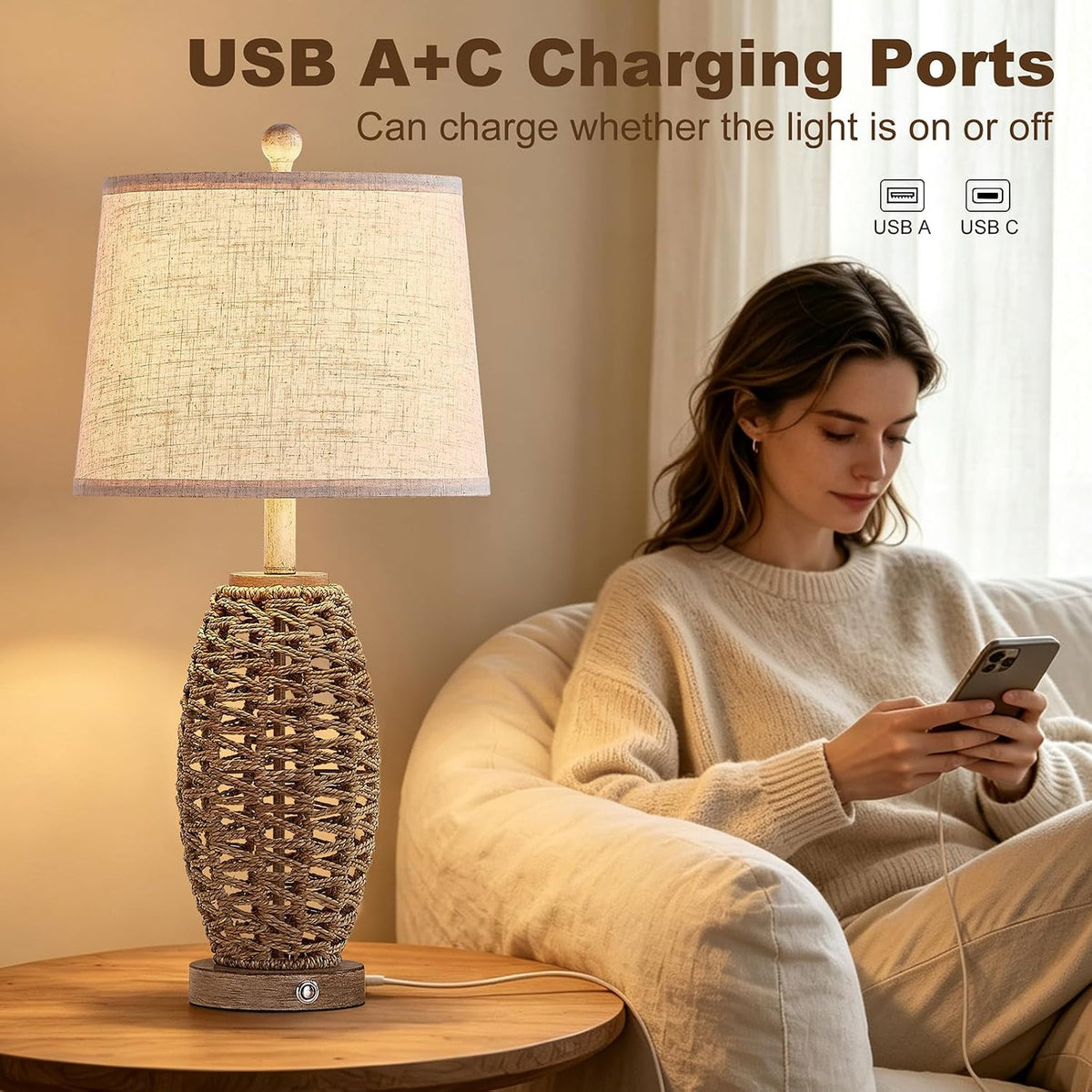 Rattan Table Lamp for Living Room, Dimmable Touch Lamp for Bedside Table in Bedroom or Office, Rustic Vintage Table Lamp with USB Ports, Farmhouse Coastal lamp (Including LED Bulbs)