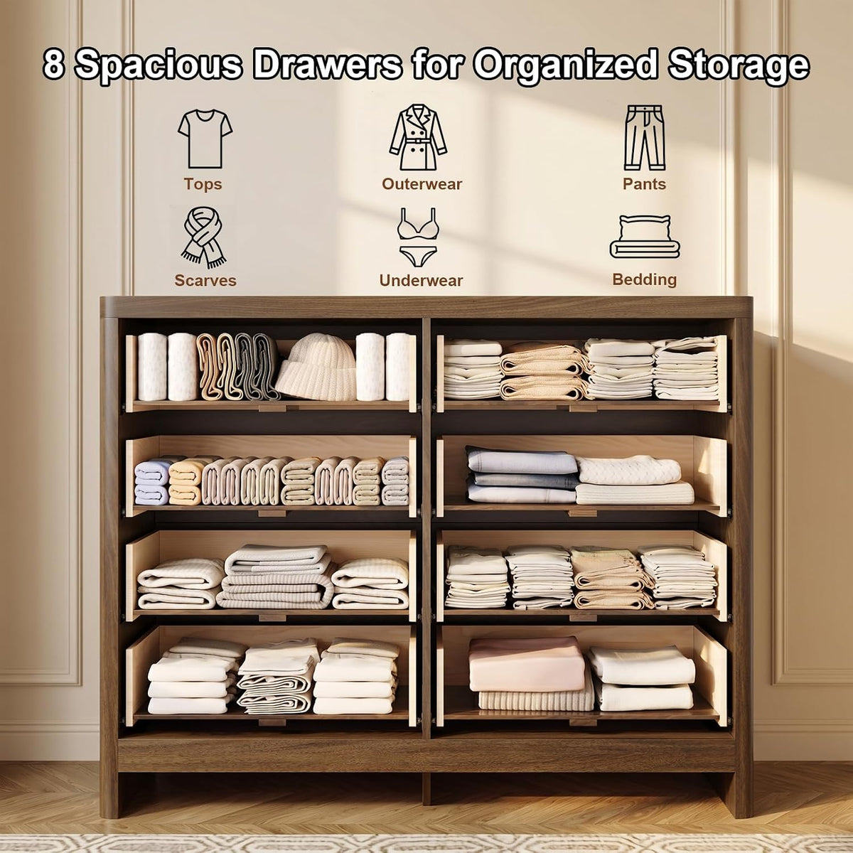 Fluted 8 Drawer Dresser for Bedroom, 47" Wide Modern Chest of Drawers with Metal Handle & Storage, Wooden Dresser TV Stand, Closet Clothes Storage Organizer for Living Room, Walnut Brown Dresser