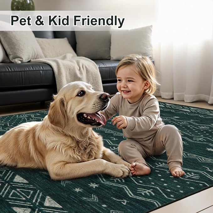 SERISSA 4x6 Area Rugs for Living Room, Washable Non-Slip Dark Green Boho Rug