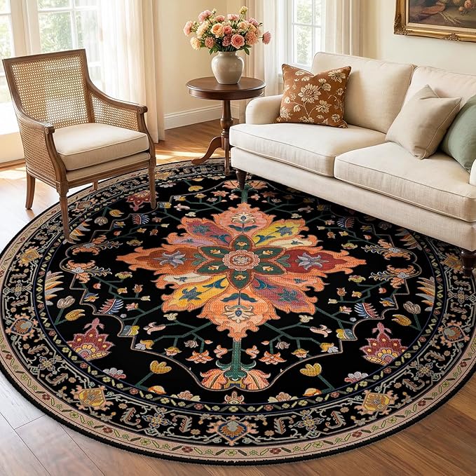 RELEANY Area Rugs Round 7ft Washable Non-Slip, Floral Vintage Distress