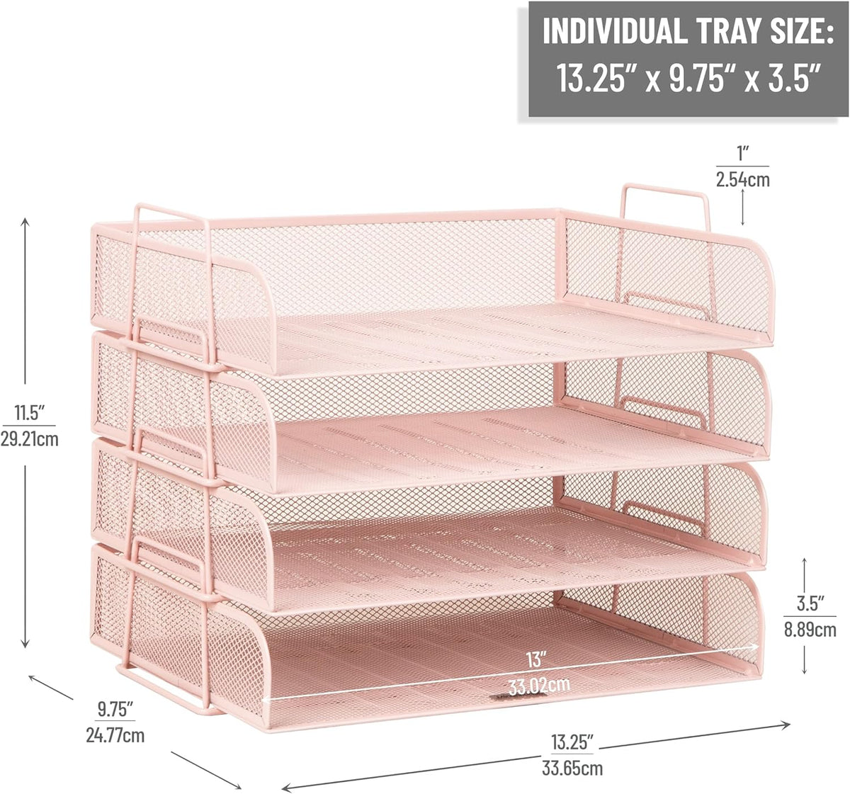 Mind Reader Stackable Paper Tray, Desktop Organizer, File Storage, Office, Metal Mesh, 4 Pcs., Pink