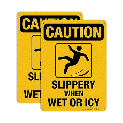 Slippery When Wet Or ICY Sign, Caution Sign, 2 Pack, 10" x 7" Rust Free .040 Aluminum, UV Protected, Waterproof, Weatherproof and Fade Resistant, 4 Pre-drilled Holes