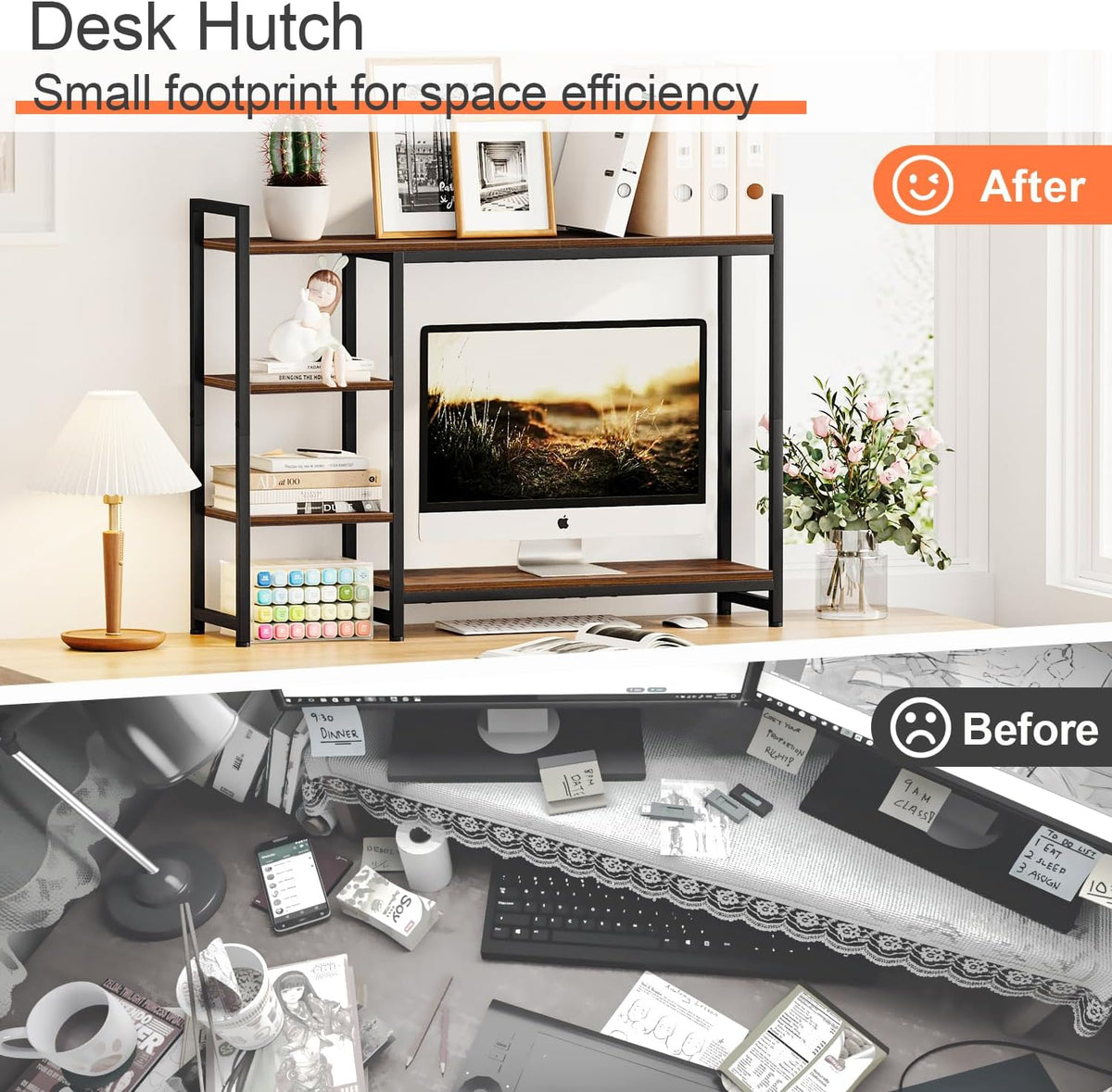 Snughome Adjustable Desk Shelf with Monitor Stand, 38.6" Desktop Organizer Hutch, Height Adjustable Computer Monitor Riser & 4 Tier Storage Bookshelf for Home Office Dorm