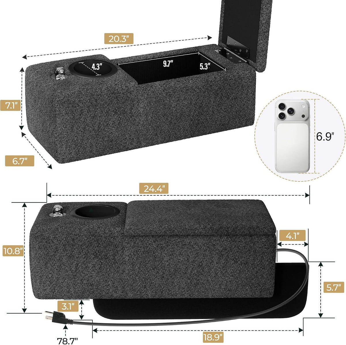 Couch Caddy with Cup Holder, Dark Gray Chenille Armrest Console