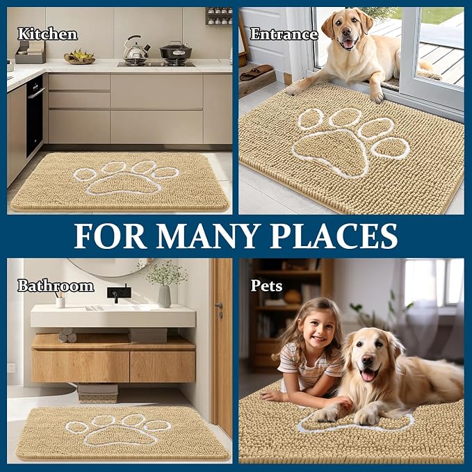 OLANLY Dog Door Mat for Muddy Paws 70x35, Paw Print Design, Absorbs Moisture