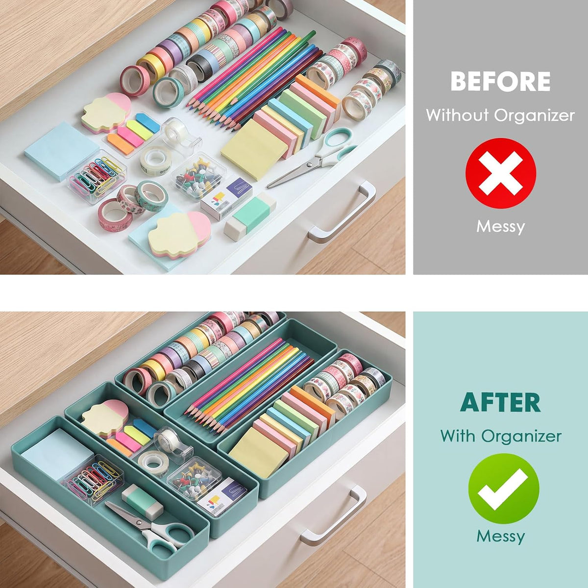 Teling 12 Pcs Sage Green Plastic Desk Drawer Organizer Pen Tray Shallow