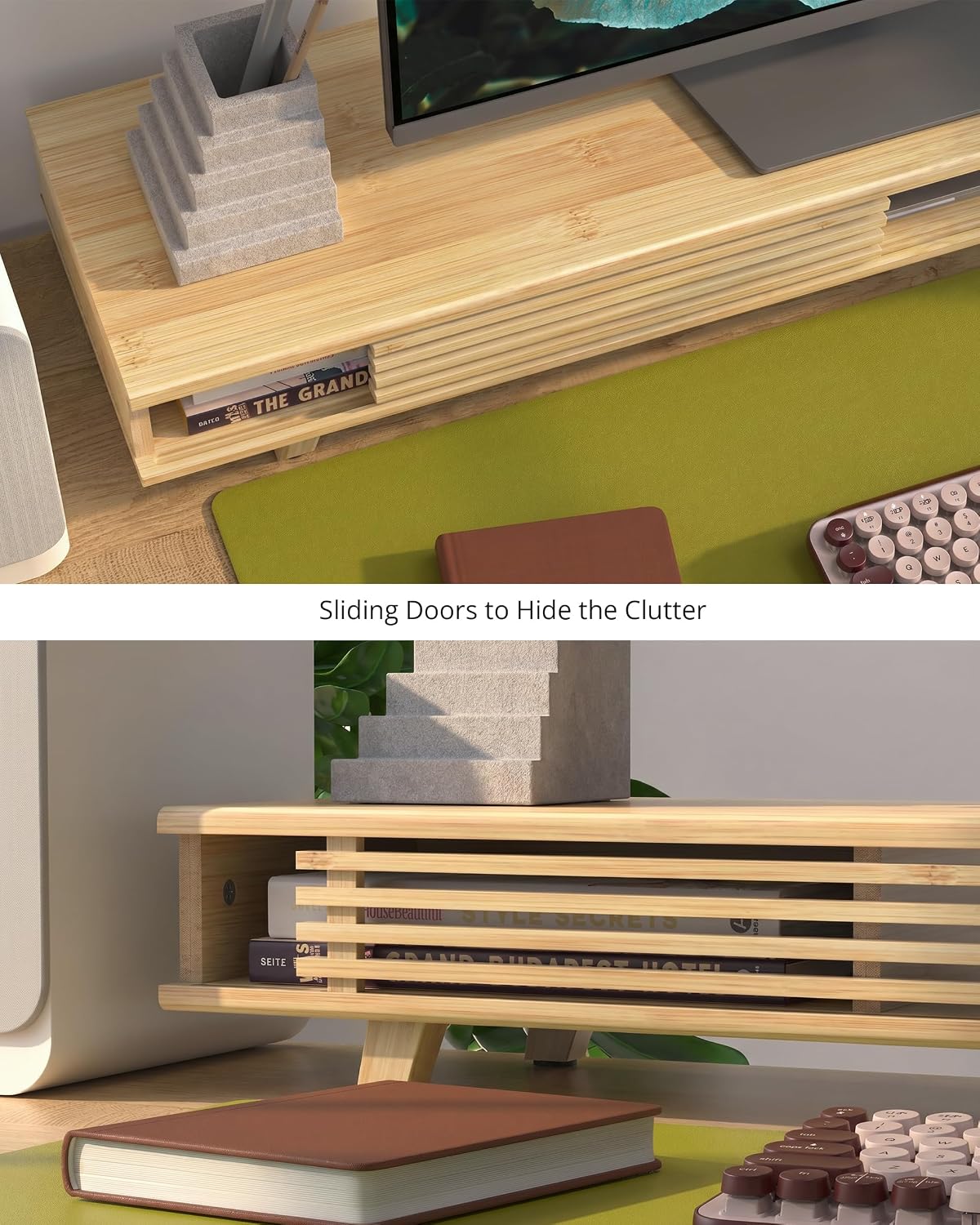 Computer Monitor Stand with Sliding Door,42 Inch,Bamboo