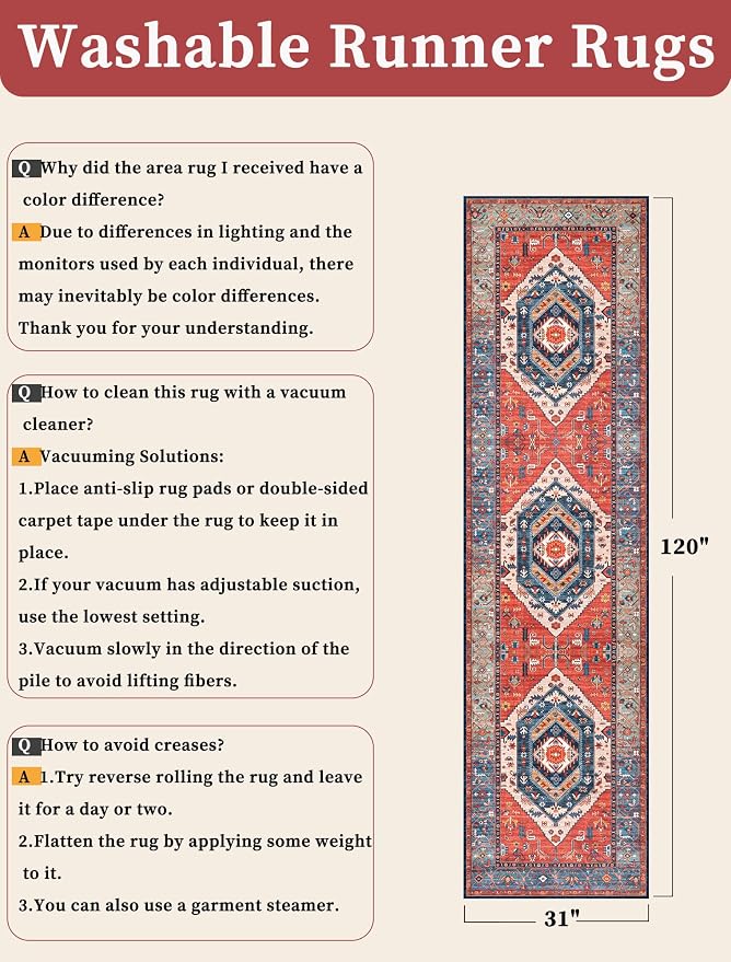SERISSA Runner Rug for Hallways, Long Boho Rug Vintage Rust Hallway Stair Ultra