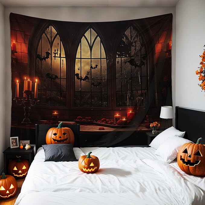 QGHOT Halloween Tapestry Wall Hanging Horror Castle Window Tapestry Gothic Spooky Backdrop Vampire Medieval Tapestries for Bedroom Living Room Dorm Wall Art Decor (90.6"x70.9")